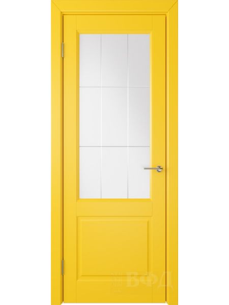 Межкомнатная дверь ВФД Доррен 58ДО08 (Желтая эмаль - Белый сатинат с гравировкой)