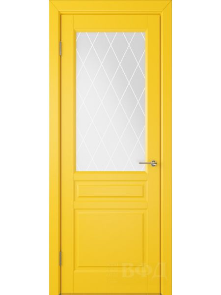 Межкомнатная дверь ВФД Стокгольм 56ДО08 (Желтая эмаль - Белый сатинат с печатью)